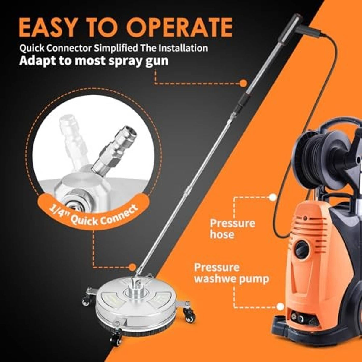 Pressure washer surface cleaner with quick-connect fittings, hose and spray parts