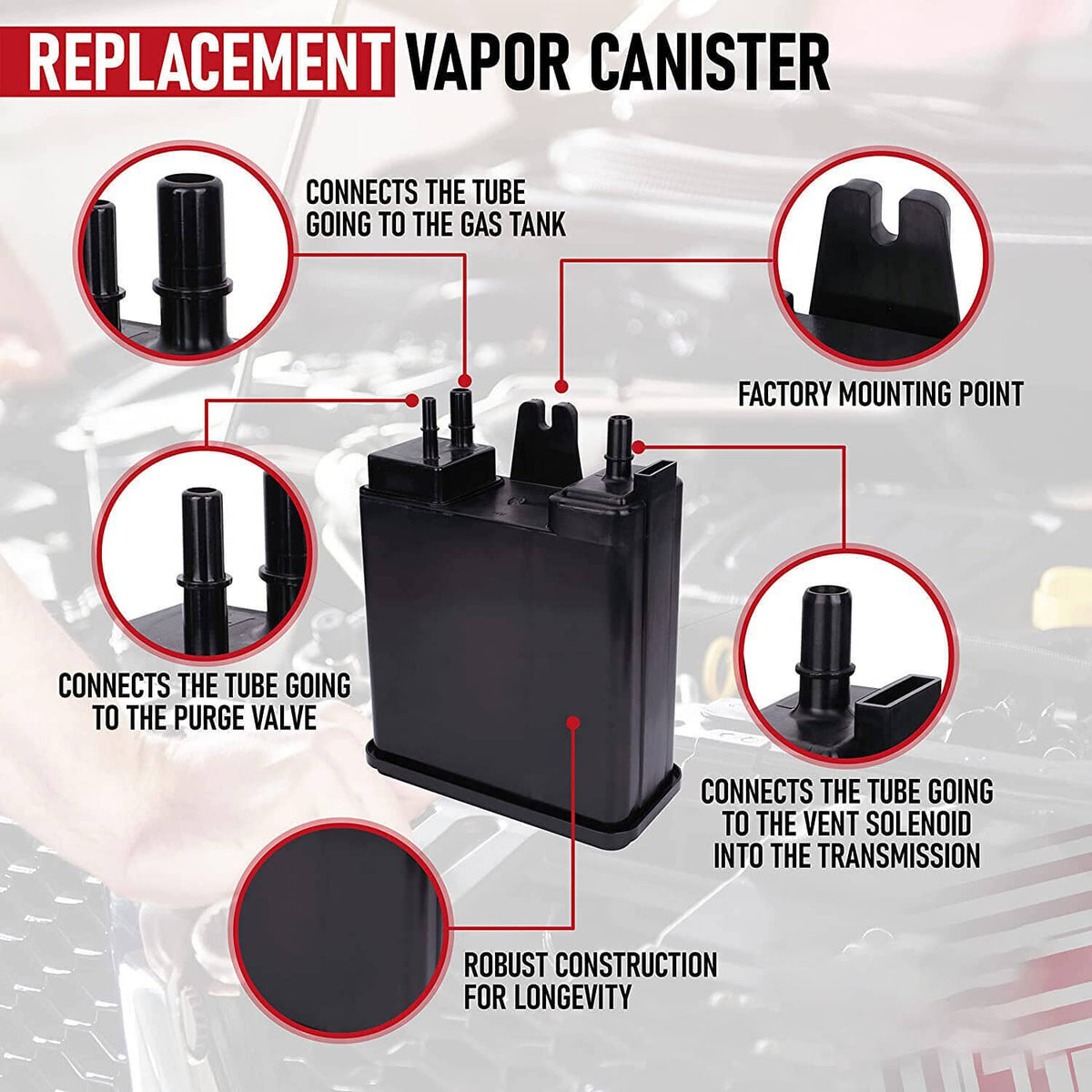Black EVAP vapor canister with labeled tube connections and mounting points