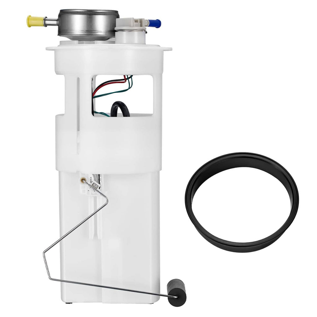 White fuel pump assembly with blue outlet connector and wiring plug