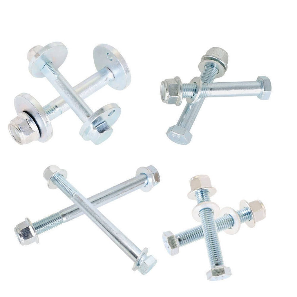 Front control arm cam bolt hardware kit: four silver cam bolts with flat washers