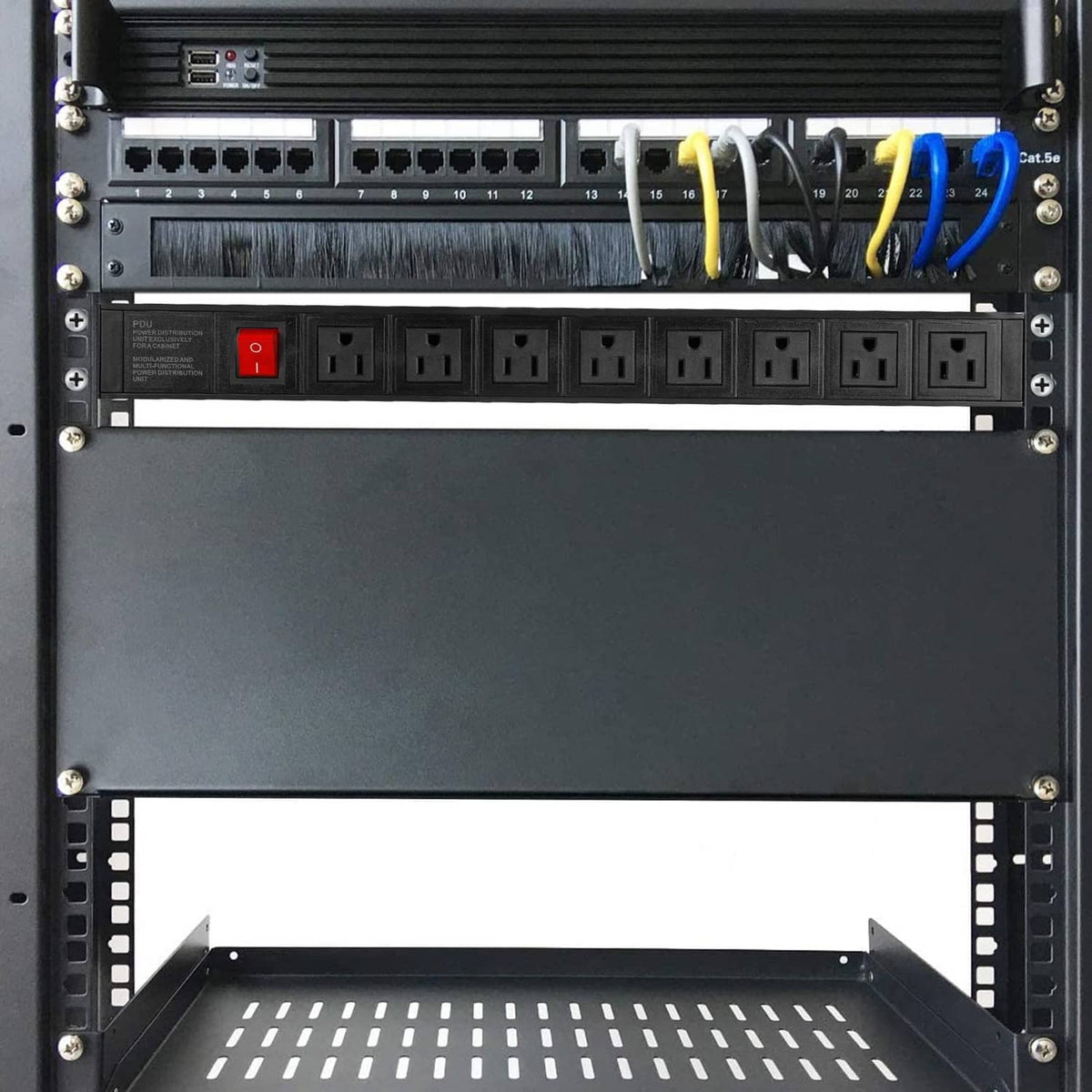 Rack-mount PDU installed showing outlet strip, ports, and status LEDs