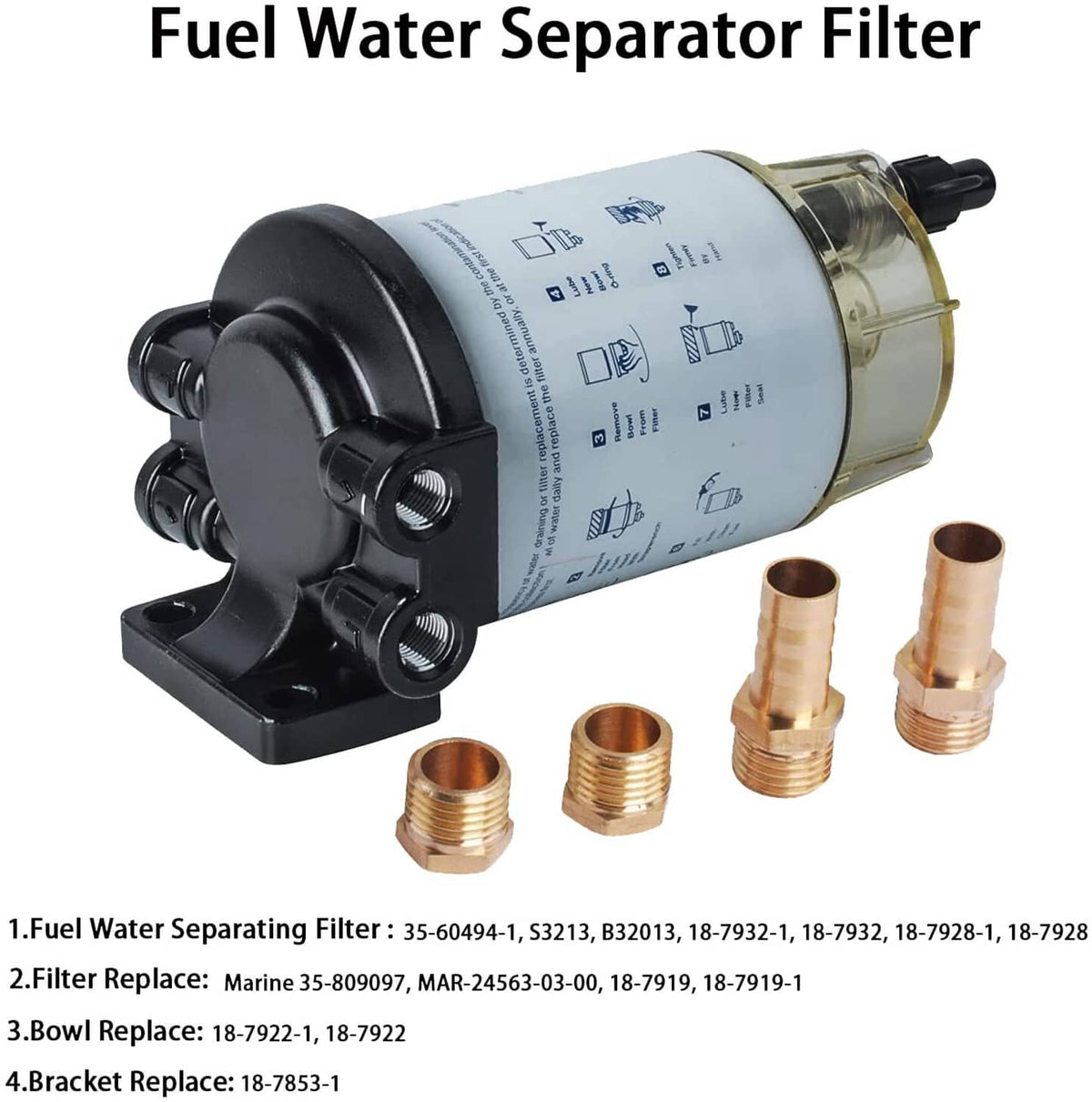 Fuel water separator filter with black mounting, white canister, gold bowl, and brass fittings
