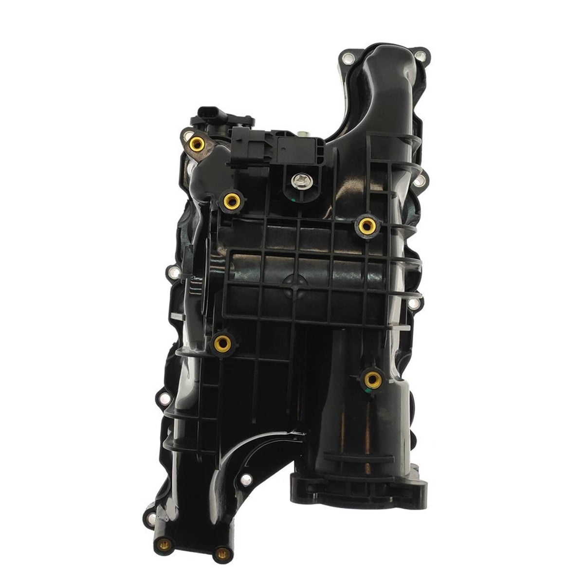Black intake manifold with actuator and mounting brackets, front view