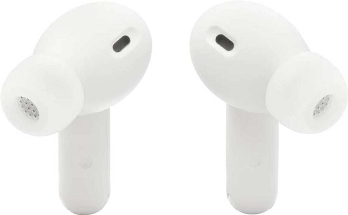 White noise-cancelling earbuds, close-up pair view with speaker vents