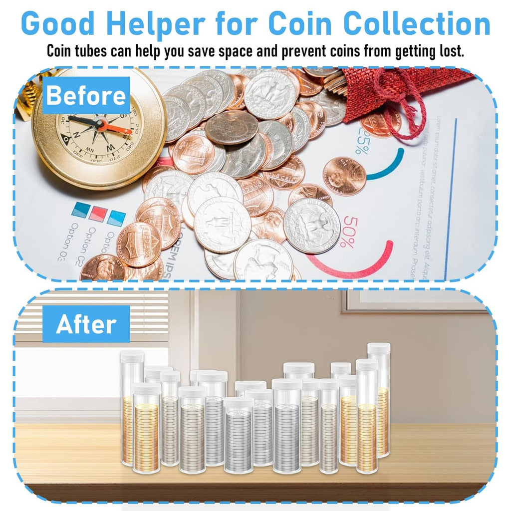 Clear plastic coin tubes arranged for coin storage, assorted heights
