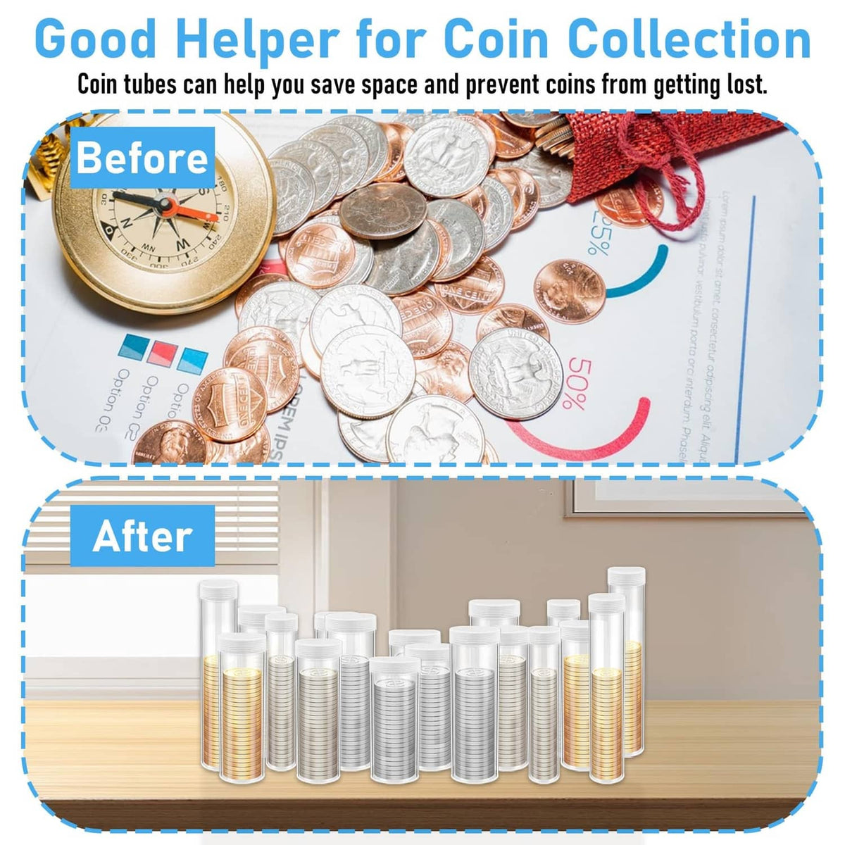 Clear plastic coin tubes arranged for coin storage, assorted heights