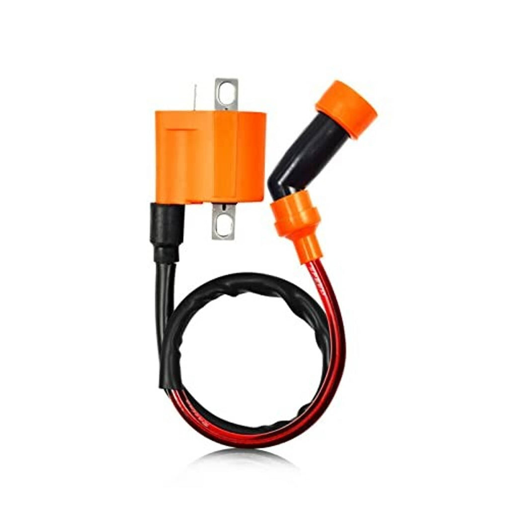 Orange ignition coil connector with black cable and mounting tabs, no spark plug visible