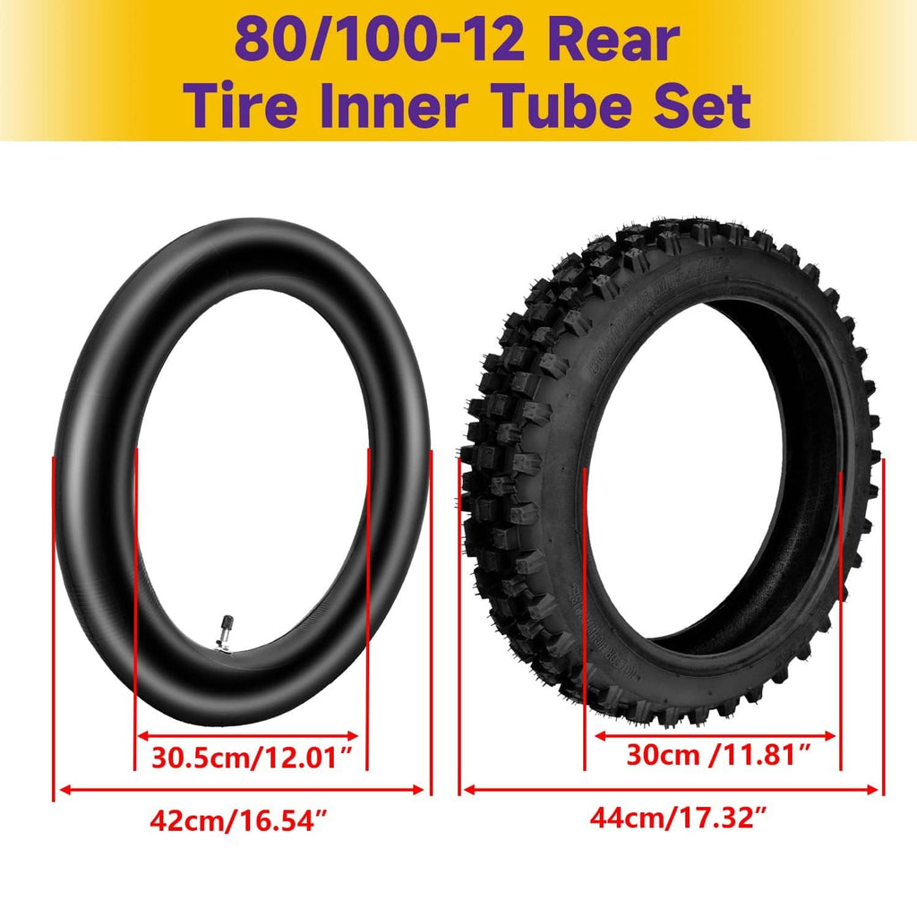 Rear tire and inner tube set, 80/100-12, black rubber