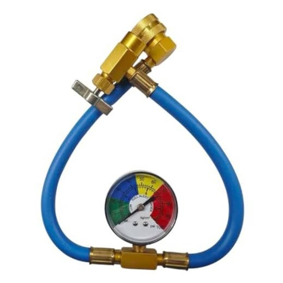 Car AC refrigerant charge hose kit with blue hose, gold fittings, and pressure gauge