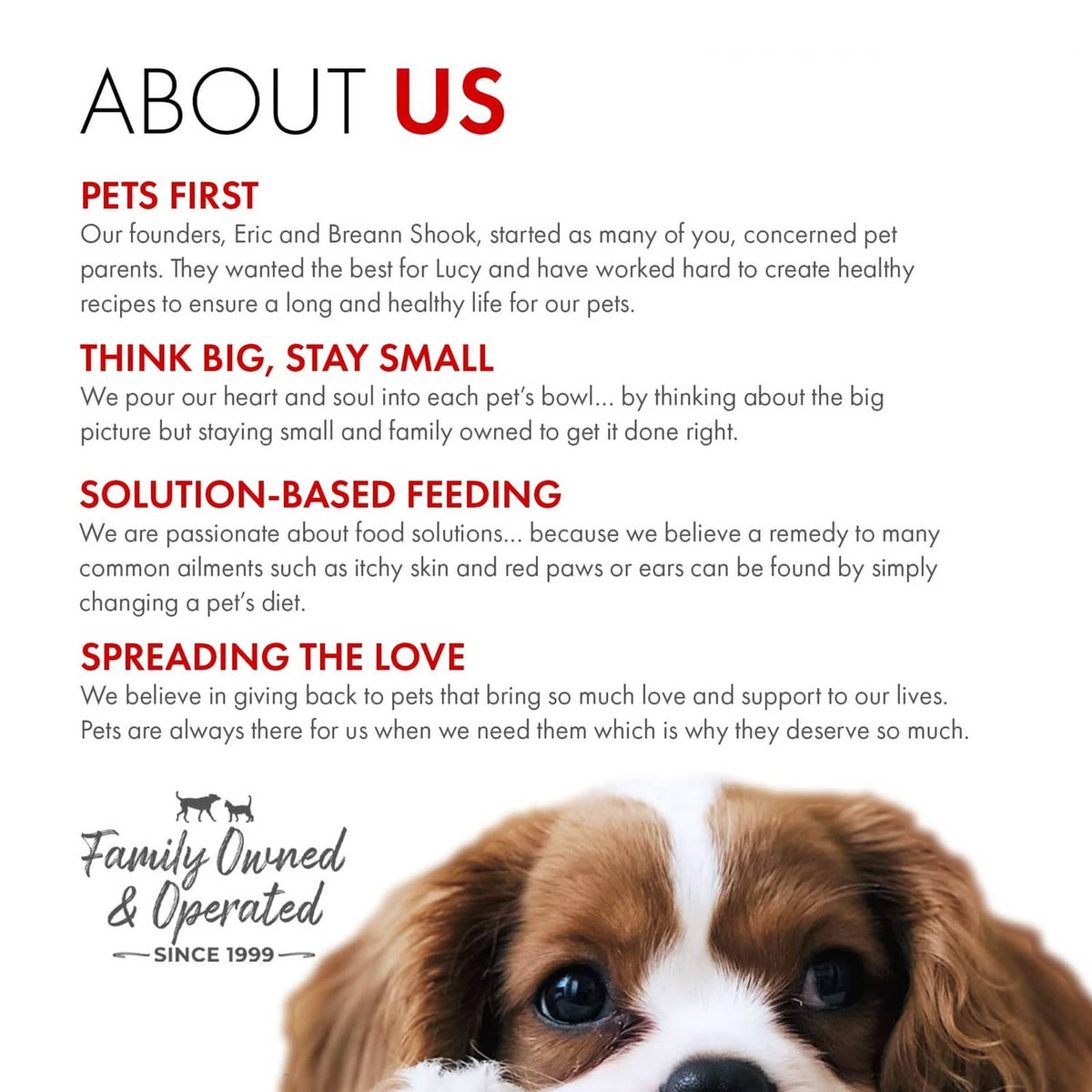Family-owned company marketing panel with dog face and about-us text