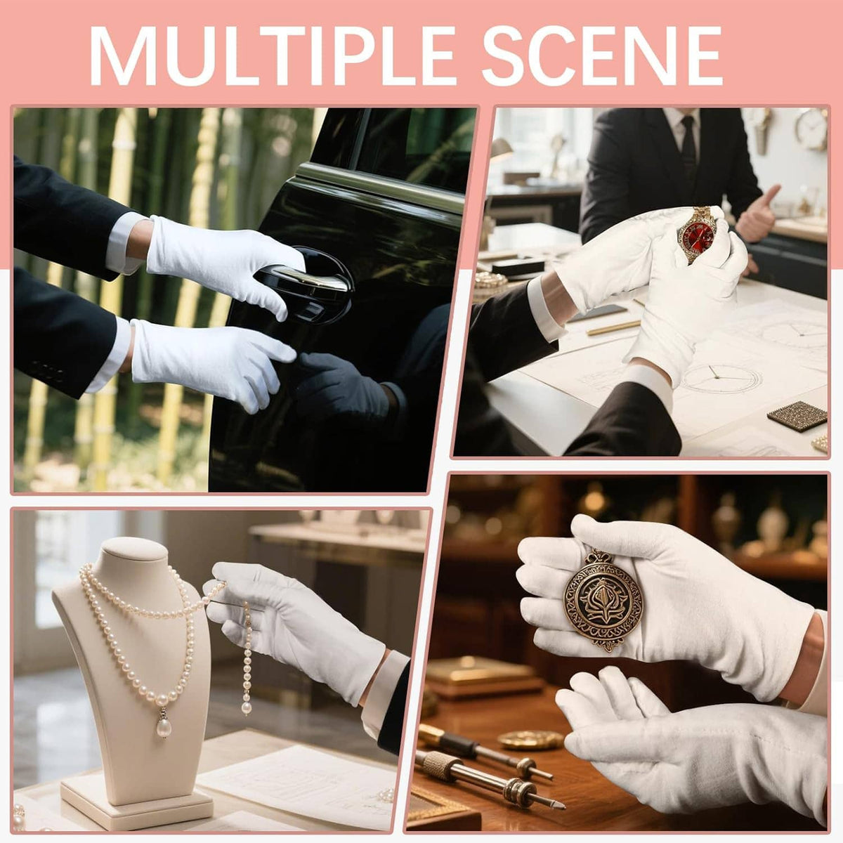 White cotton gloves on hands in multiple scenes, designed for careful handling