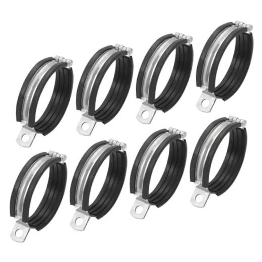 8-pack split pipe hanger clamps with black rubber lining, silver metal brackets
