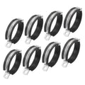 8-pack split pipe hanger clamps with black rubber lining, silver metal brackets