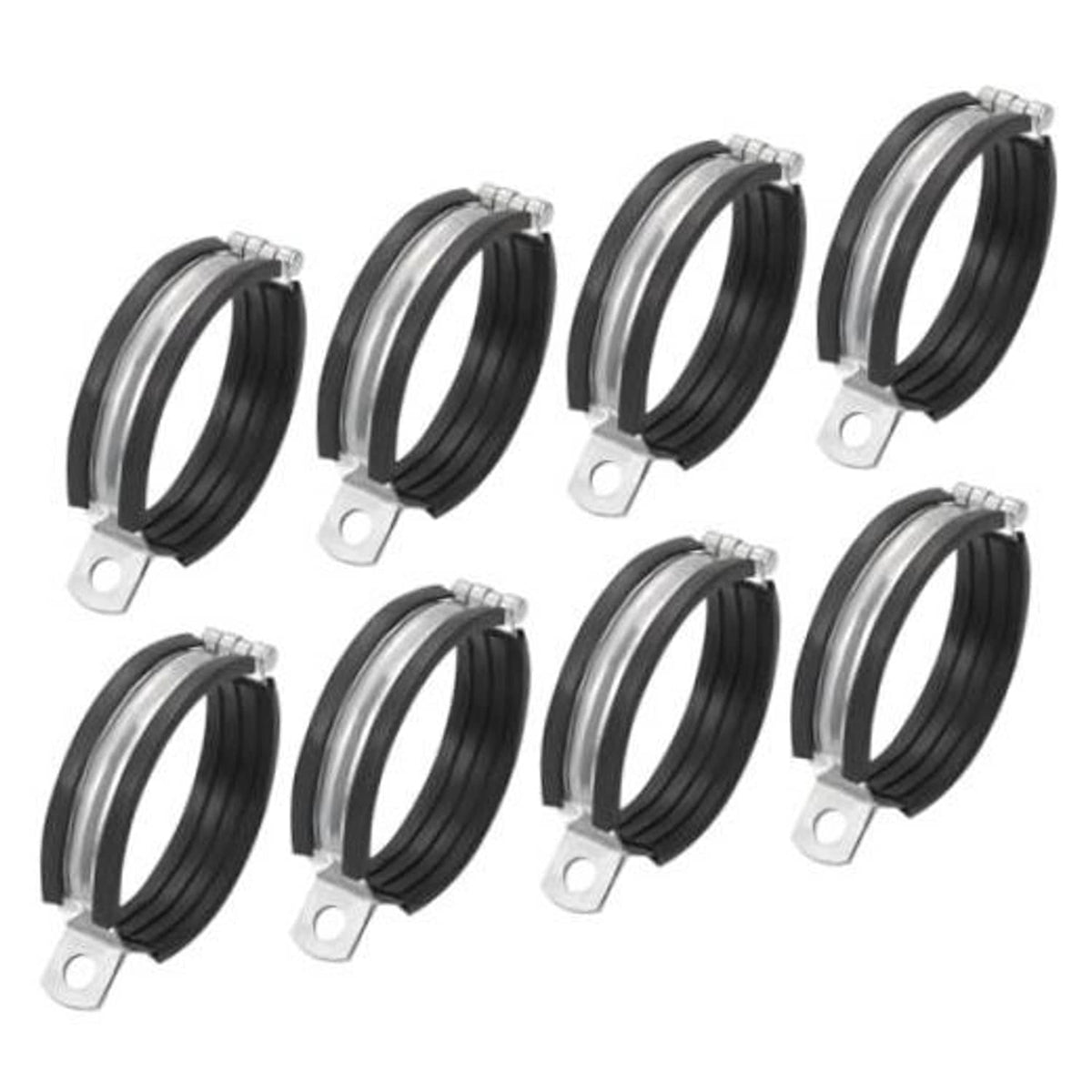 8-pack split pipe hanger clamps with black rubber lining, silver metal brackets