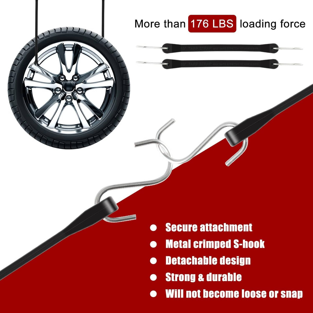 Black rubber bungee cords with metal S-hooks for securing wheels and loads