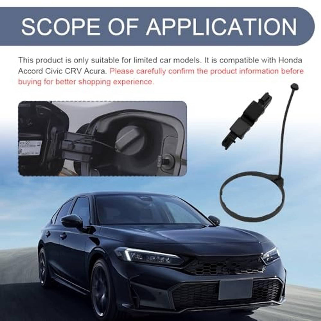 Fuel filler cap strap kit with black mounting clips and tether cord, with car fitment