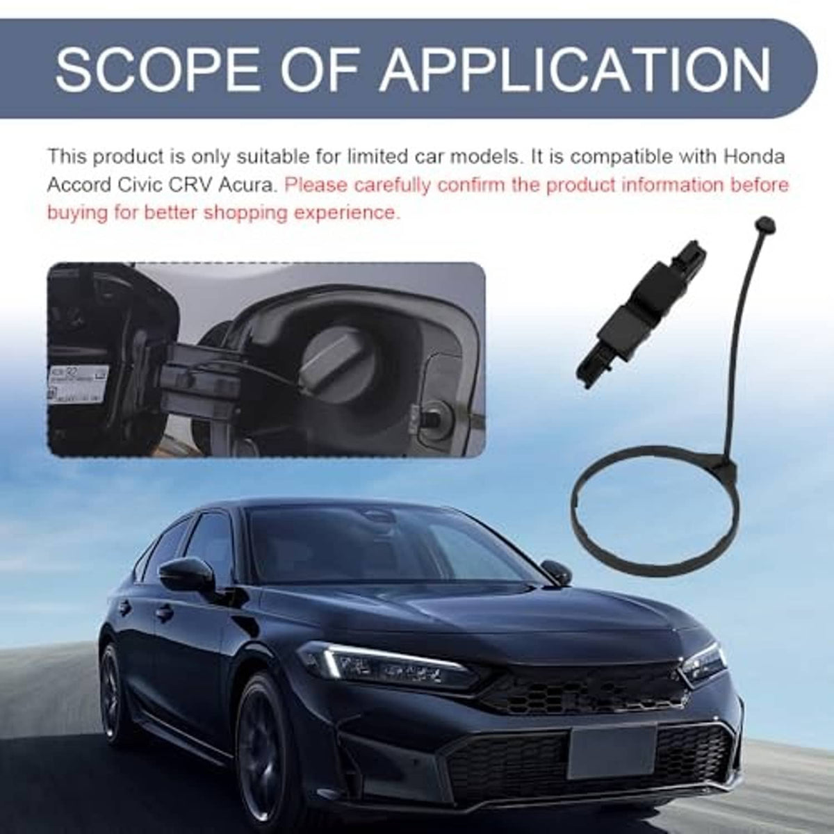 Fuel filler cap strap kit with black mounting clips and tether cord, with car fitment