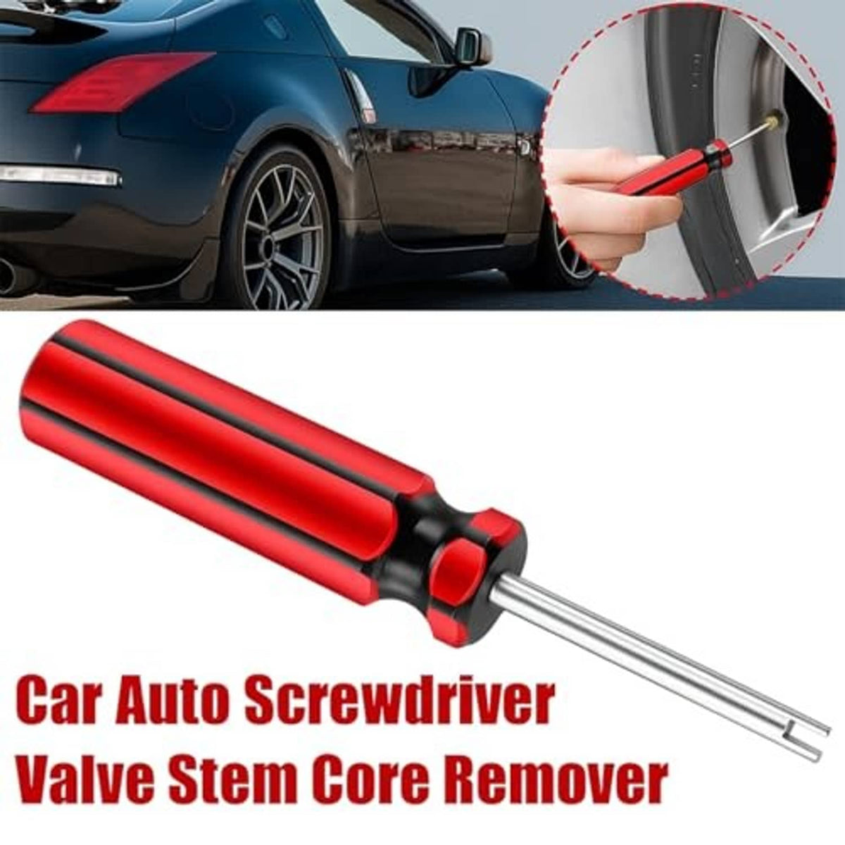 Red-and-black auto valve stem core remover tool with long metal shaft
