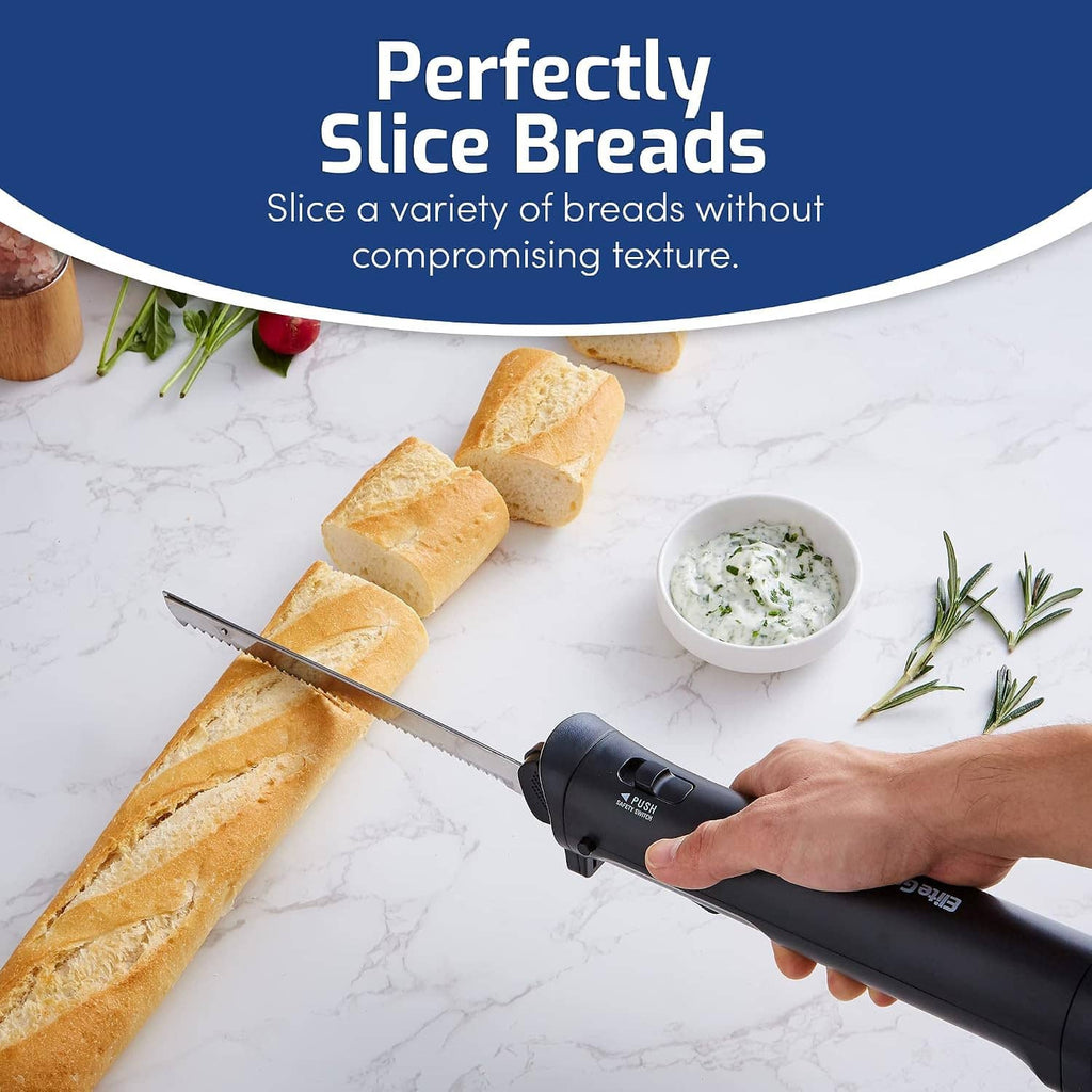 Cordless electric knife slicing bread, black handle with serrated blade