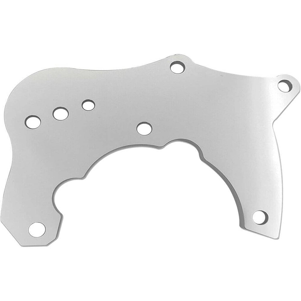 Silver high mount A/C bracket plate with multiple mounting holes and curved cutout