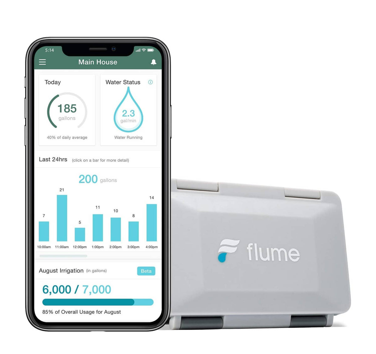 White Flume smart water monitor and leak detector with wall mount and app on phone
