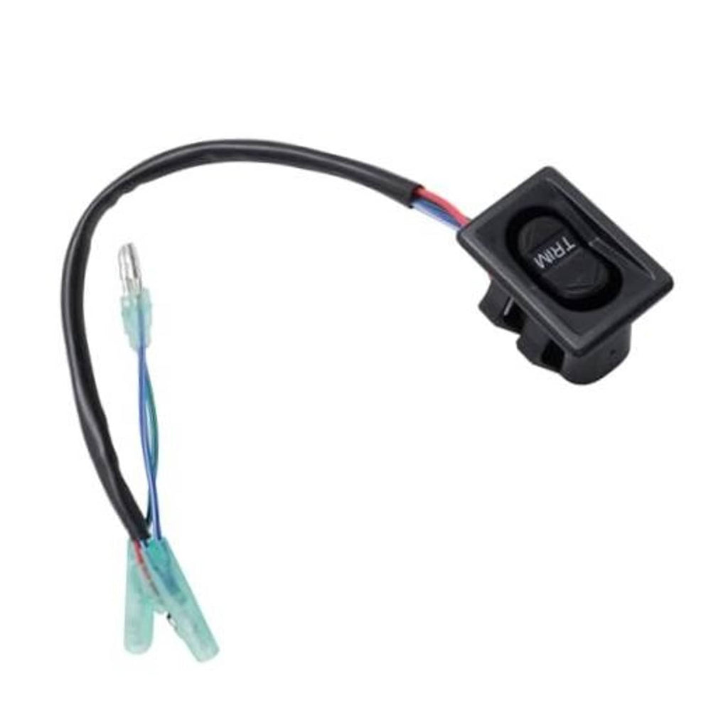 Black tilt-and-trim switch with rocker button and attached wire harness, compact housing
