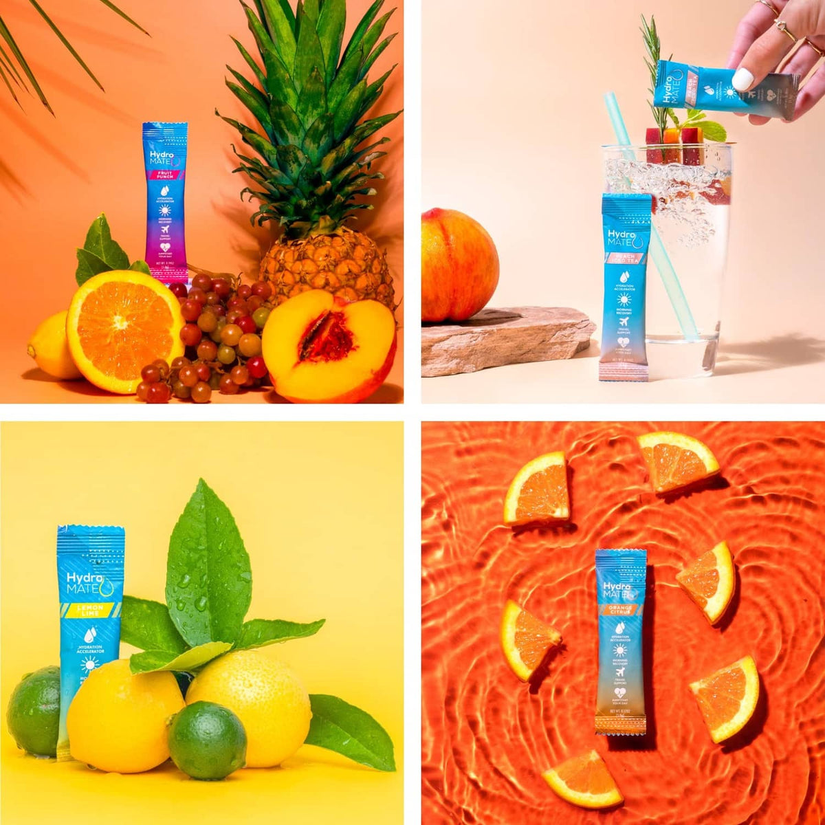 HydroMATE electrolyte variety pouch with citrus and tropical fruits on a table