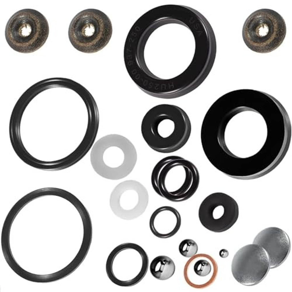 Floor jack seals kit assortment with black sealing rings, O-rings, gaskets, and metal caps