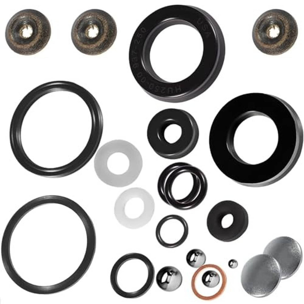 Floor jack seals kit assortment with black sealing rings, O-rings, gaskets, and metal caps