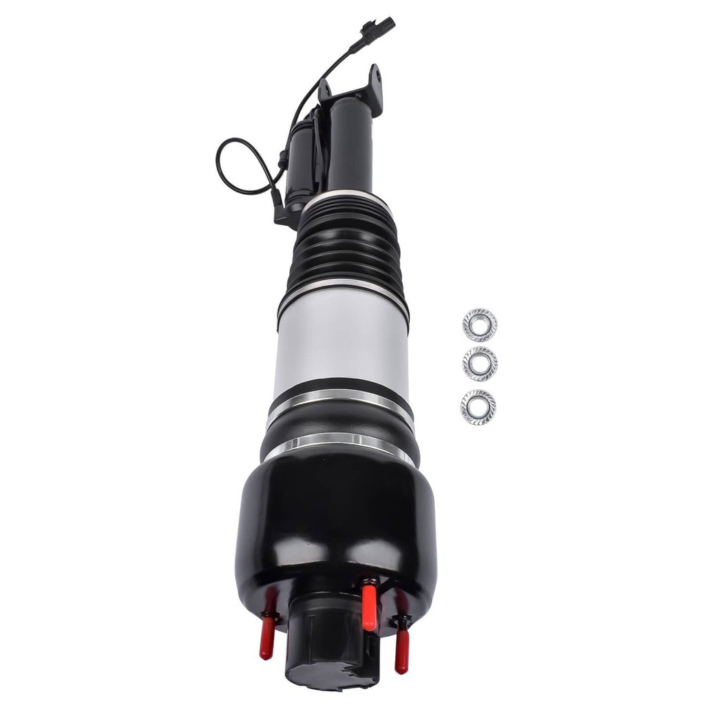 Air suspension strut front view with black bell base, silver center tube, coil spring, wiring plug