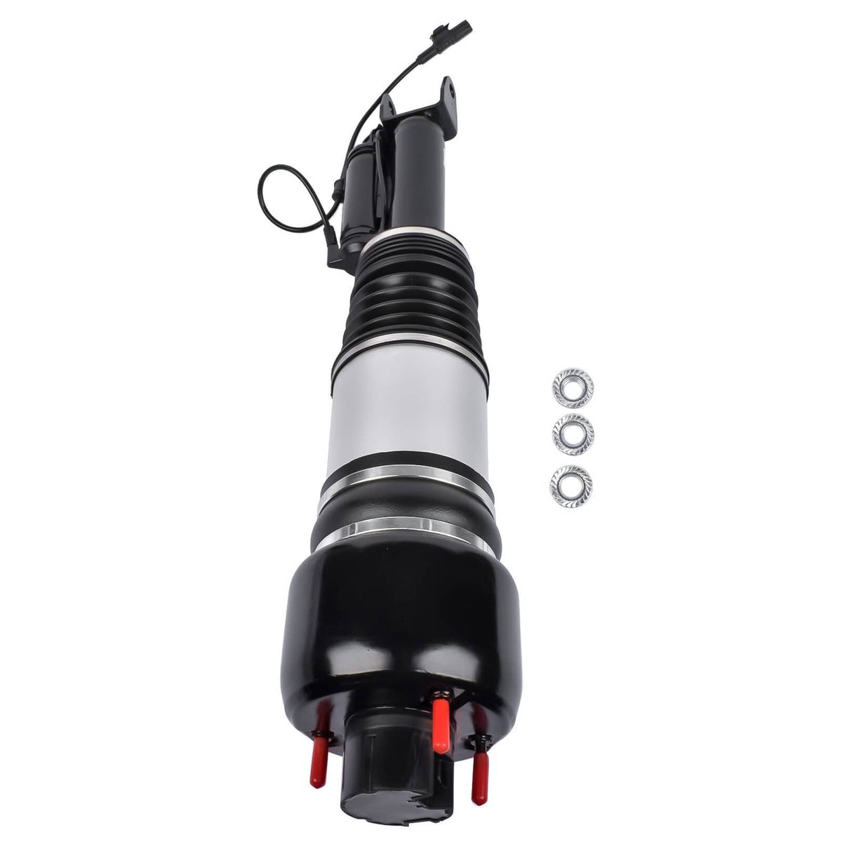 Air suspension strut front view with black bell base, silver center tube, coil spring, wiring plug