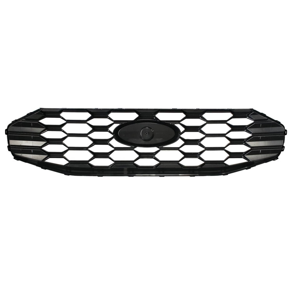 Black front grille with hex honeycomb pattern and central emblem opening