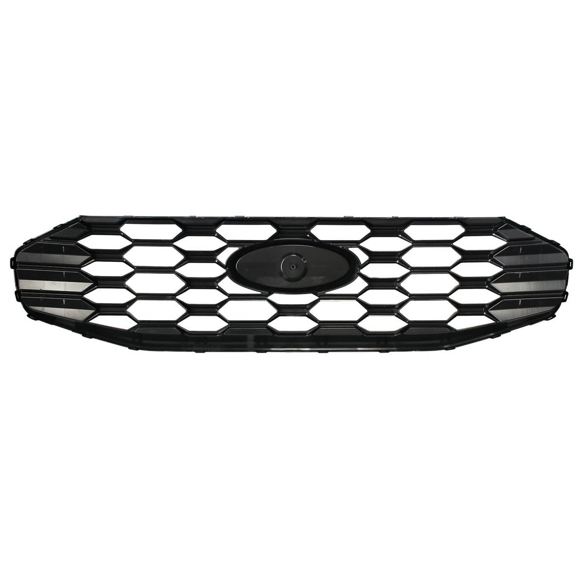 Black front grille with hex honeycomb pattern and central emblem opening