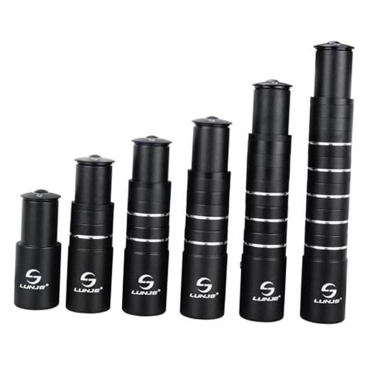 Black bicycle stem riser extender sleeves, cylindrical spacers with white ring accents