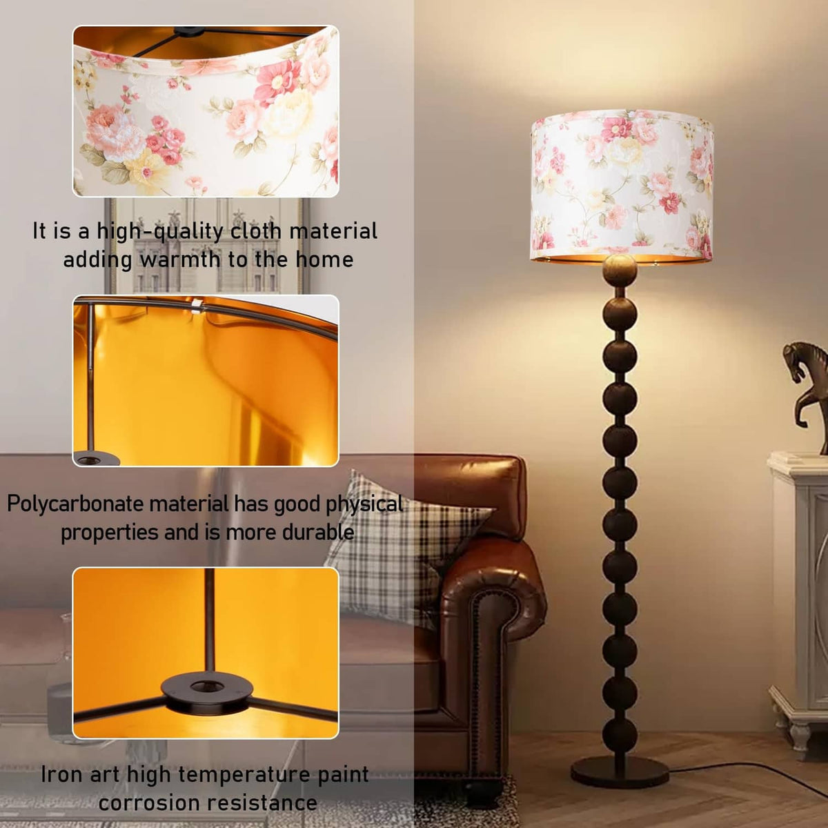 Floral drum lamp shade with pink rose print and pleated gold-lined interior