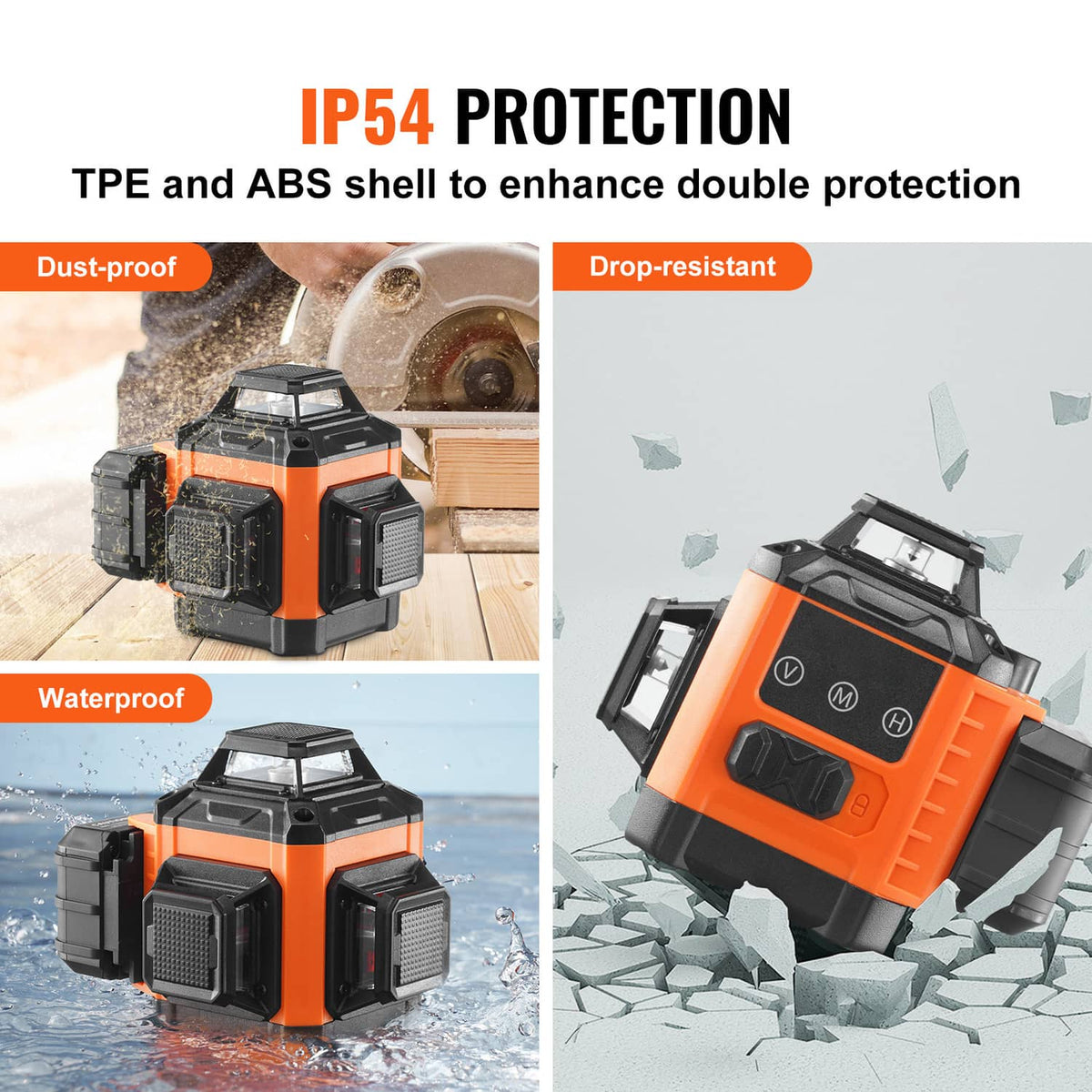 Orange and black laser level with IP54 dustproof and water-resistant protection