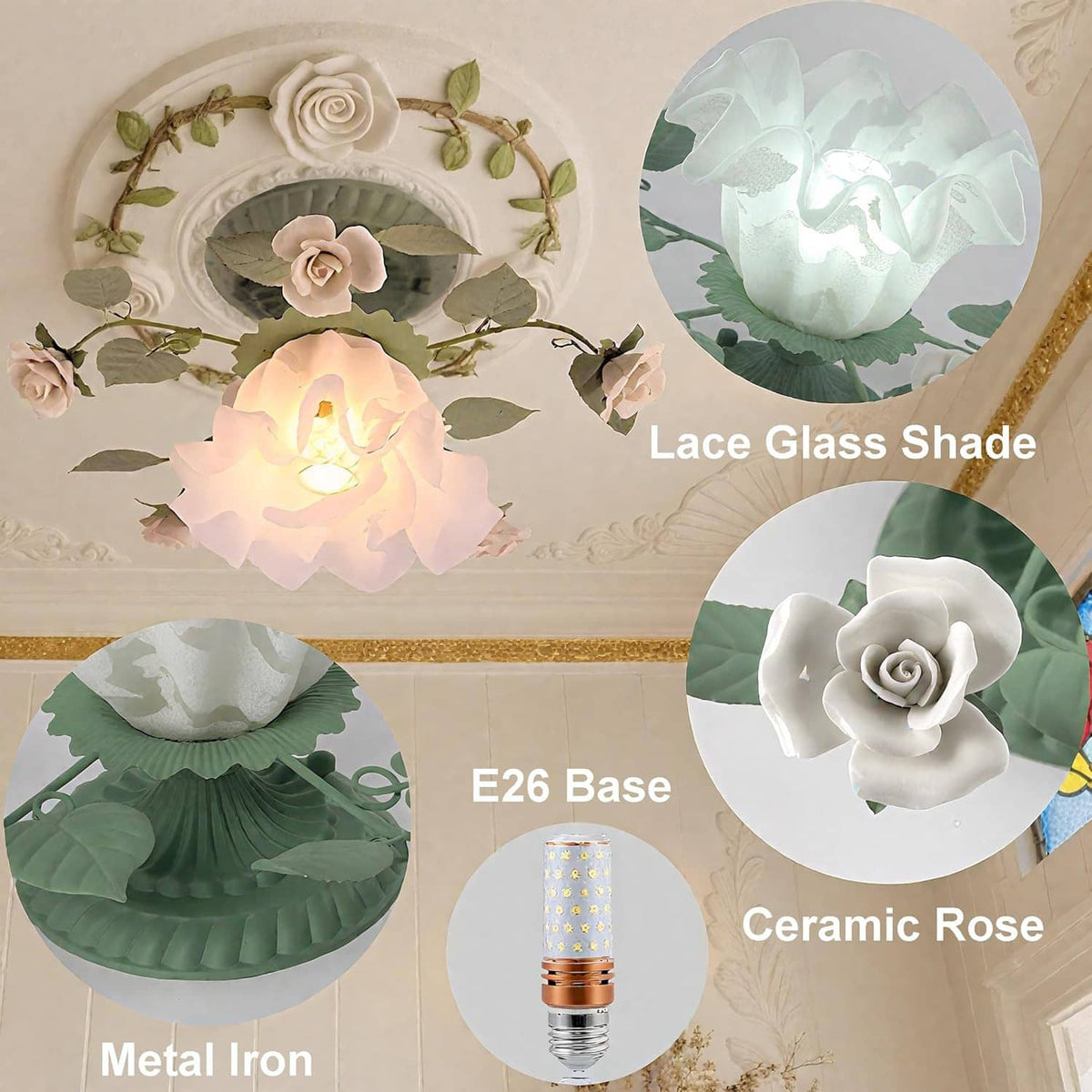 Green lace glass shade with white ceramic rose detail and leaf accents on metal base