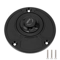 Black fuel tank cap with round push-lock center and three included mounting screws