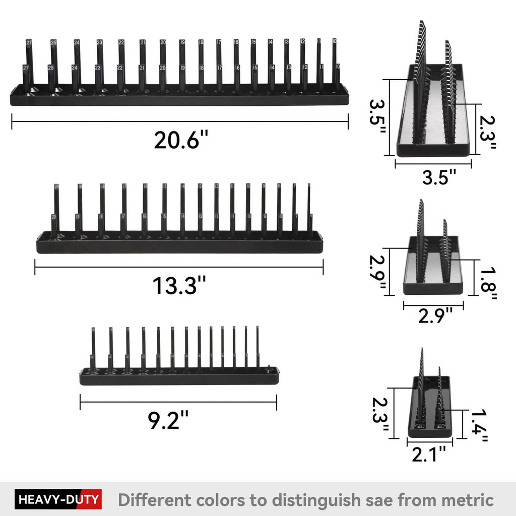 Black SAE and metric socket organizer tray set with size dimensions