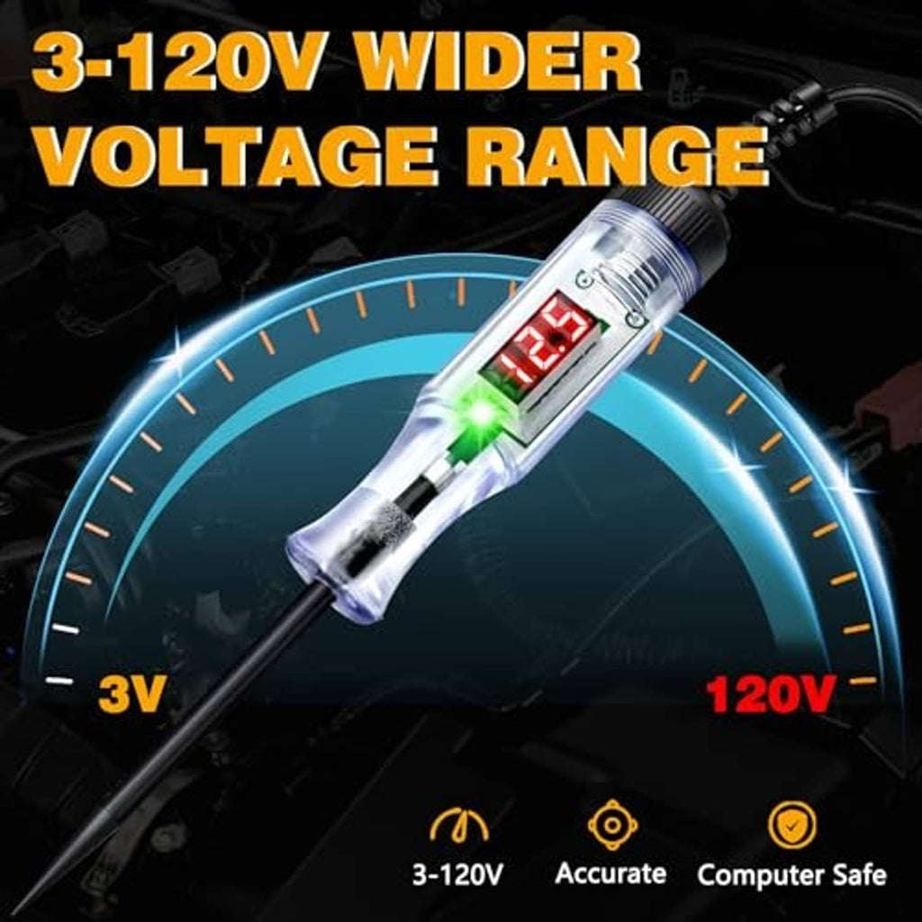 3-120V DC LED digital circuit tester with clear body, red LED readout and green indicator