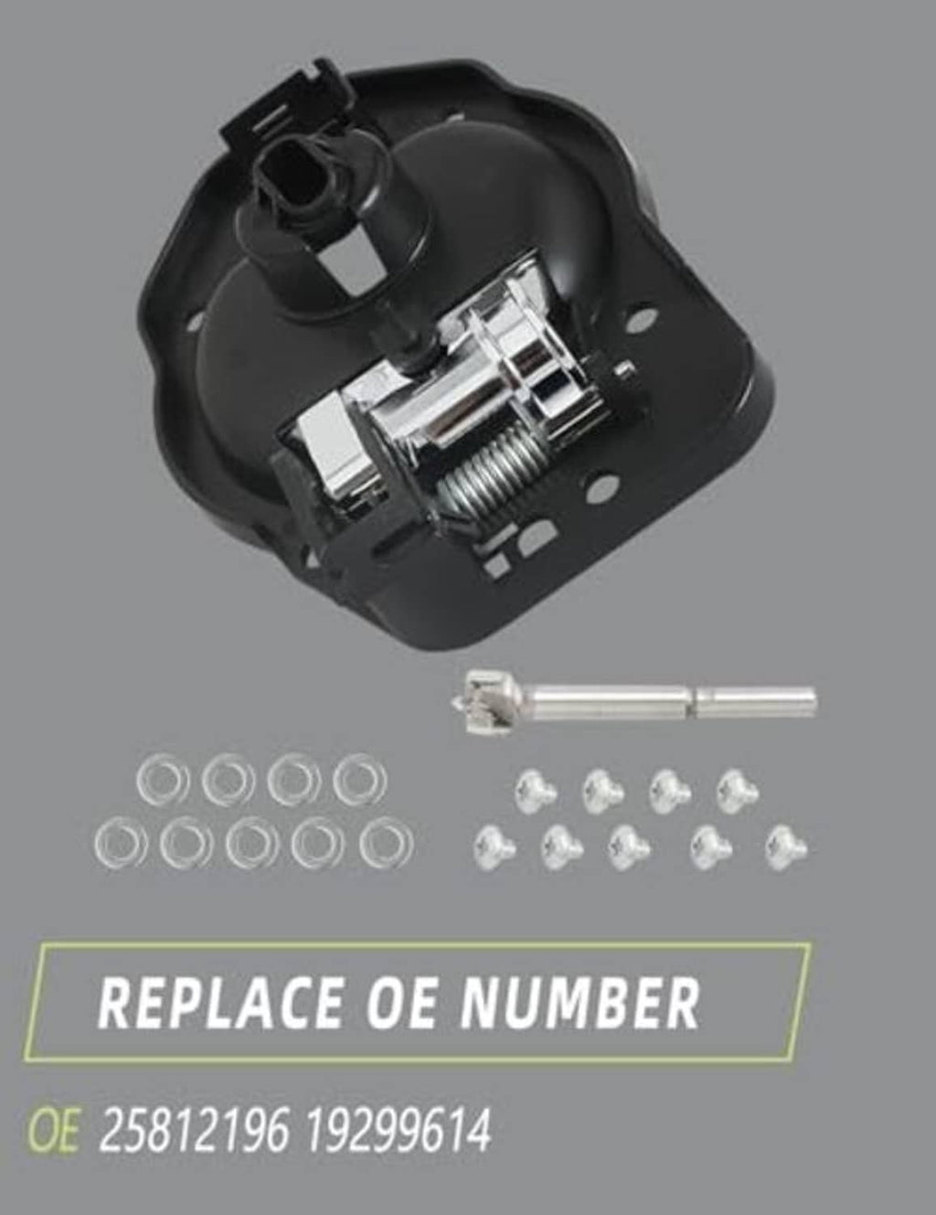 Interior door handle underside with black housing, chrome mechanism, and screws
