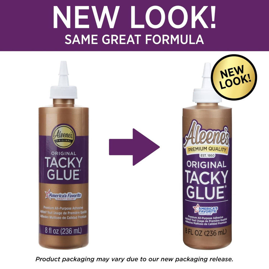 Aleene's Original Tacky Glue bottle shown with packaging comparison
