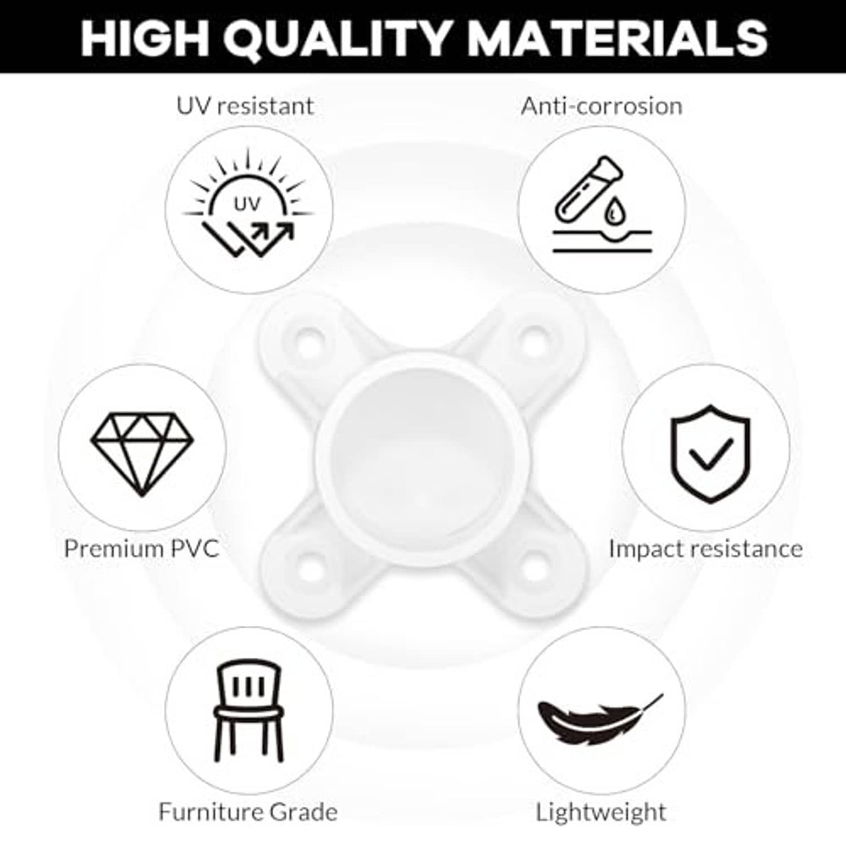 White PVC flange table cap with three-prong base, UV- and impact-resistant design.