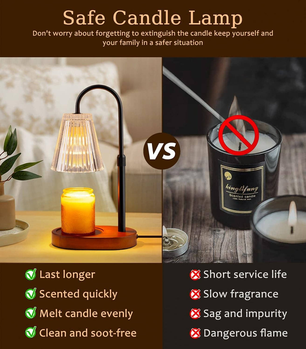 Candle warmer lamp with clear glass shade and black pole base, lit jar candle.