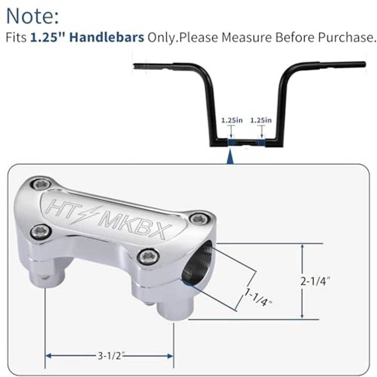 Chrome 1.25 inch handlebar riser top clamp with fitment size diagram overlay