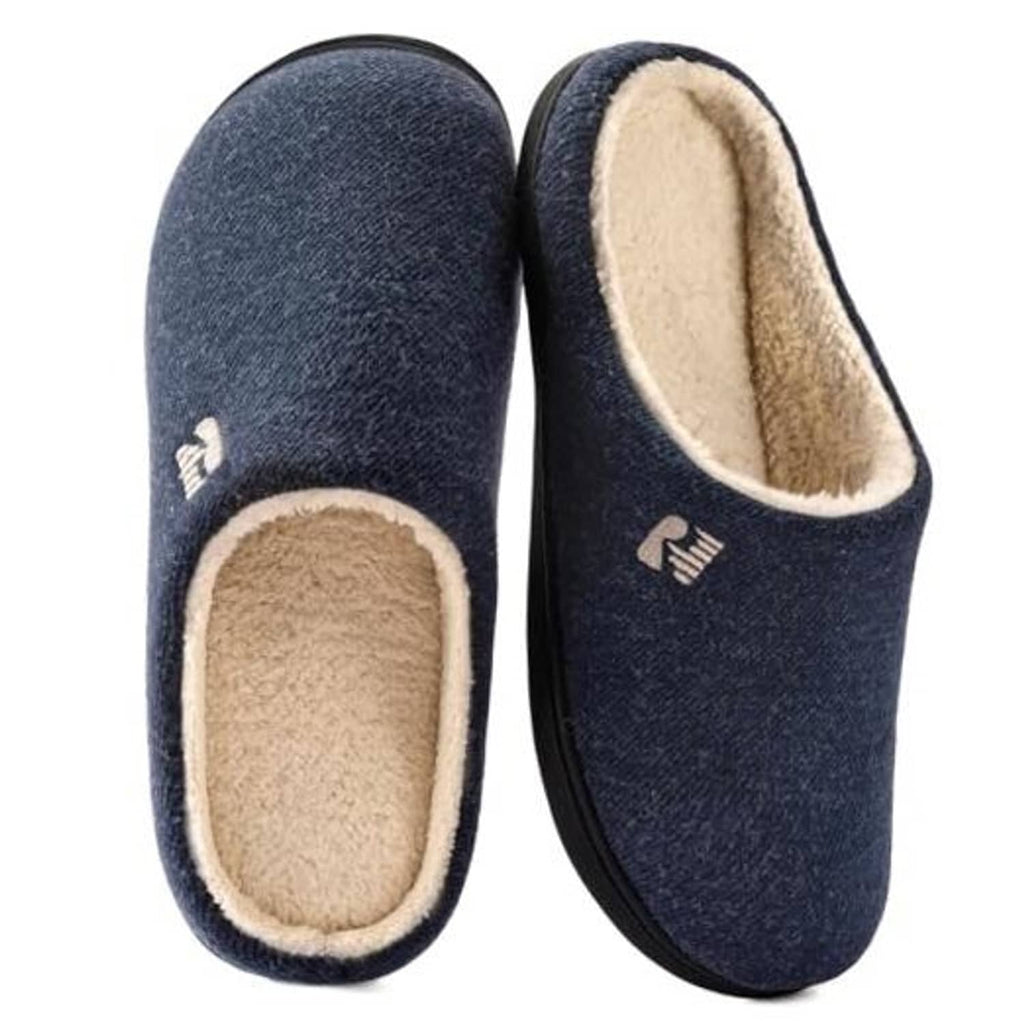Navy blue men’s clog slippers with tan sherpa lining and cushioned footbed