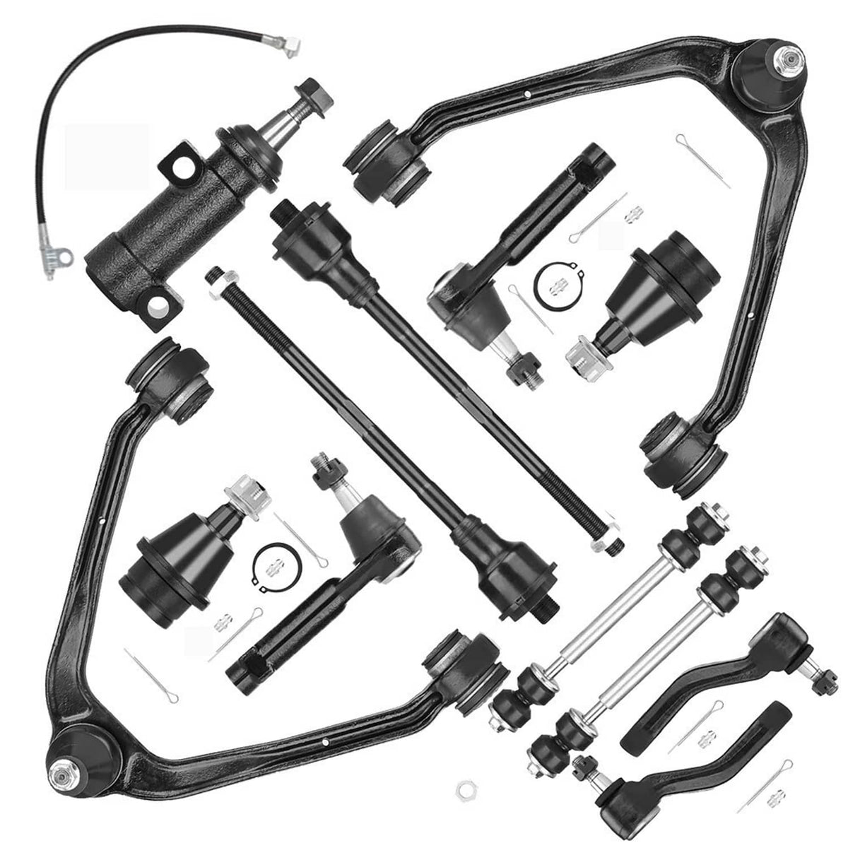 Set of black front control arm components, bushings, and ball joint assemblies