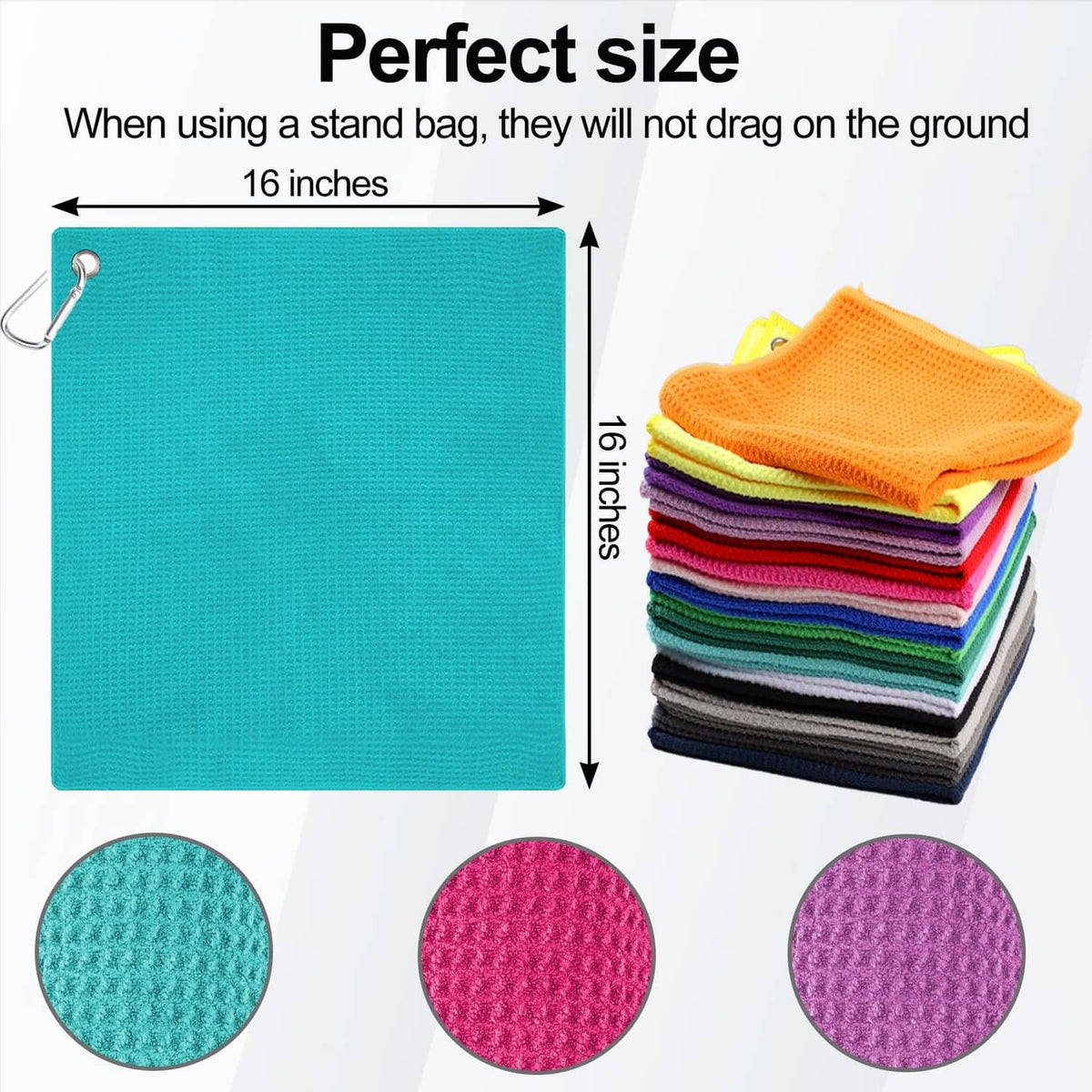 Teal 16-inch golf towel size shown; stack of microfiber towels beside it