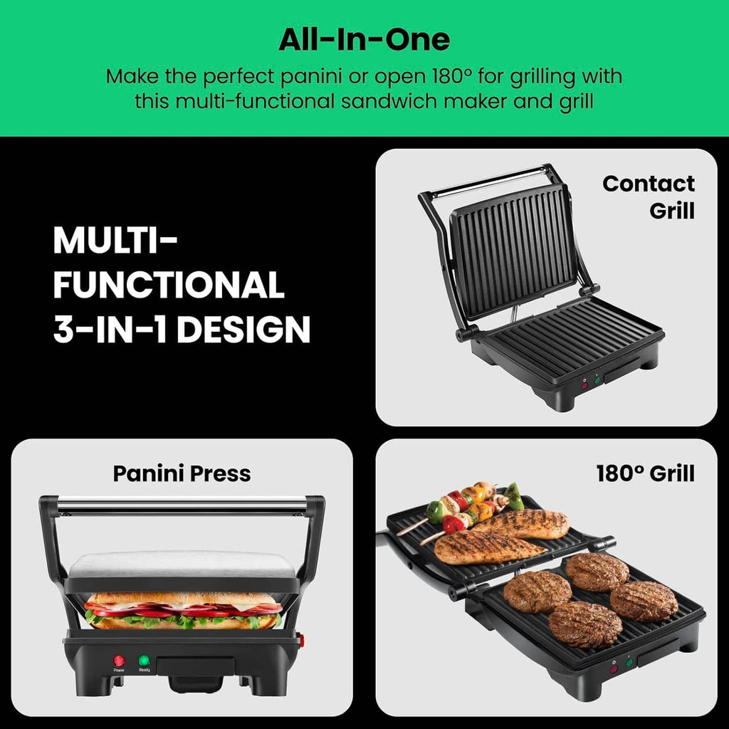 Multi-functional 3-in-1 sandwich maker grill with open press and ribbed contact plates