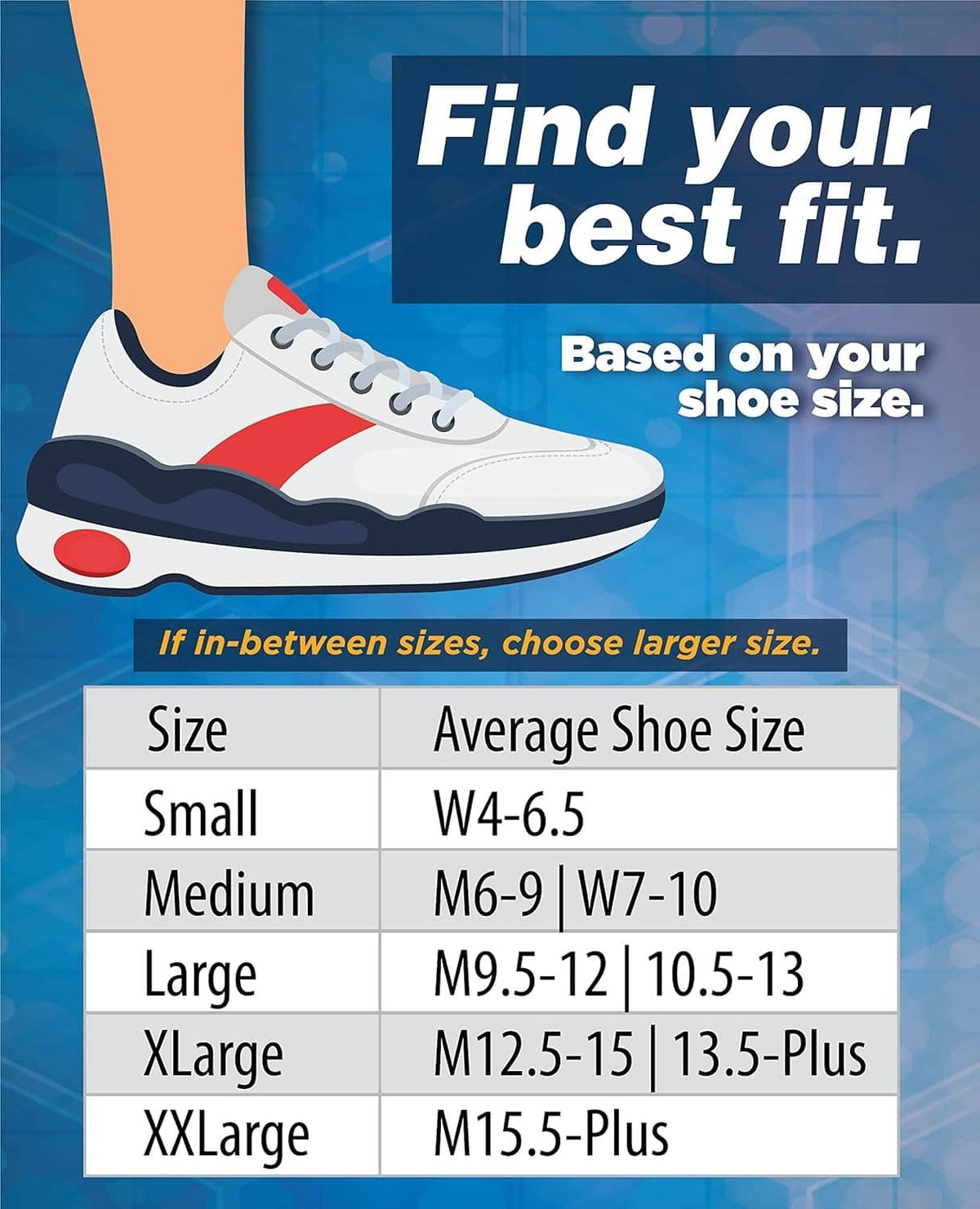 Size chart for no-show wellness socks, matching shoe size ranges
